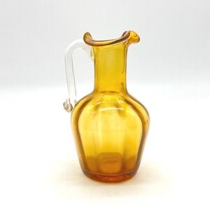 Amber Blown Glass Mini Pitcher Small Decorative‎ Carafe with Handle Fluted Rim